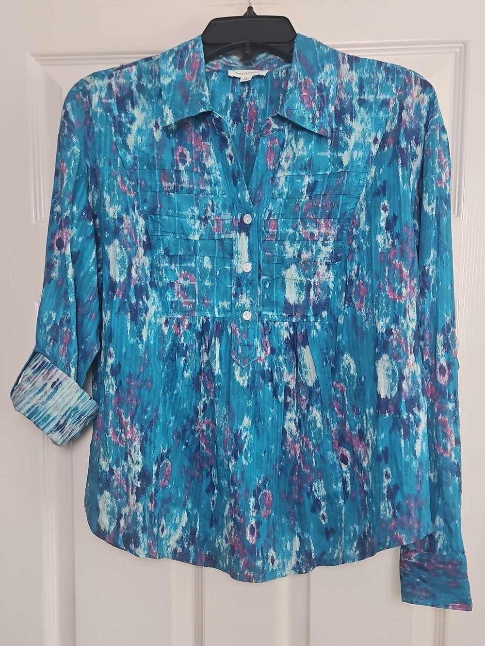 Westbound Long Sleeve Collared Partial Button Relaxed Tunic: Turquoise Monet: S